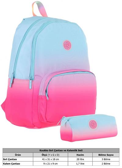Kaukko Renk Geçişli Mavi Pembe Kız Çocuk Okul Çantası ve Kalemlik Seti (KK - K1797+KK - K2708)