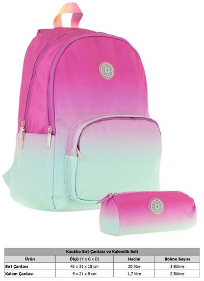 Kaukko Renk Geçişli Pembe Yeşil Kız Çocuk Okul Çantası ve Kalemlik Seti (KK - K1798+KK - K2709)