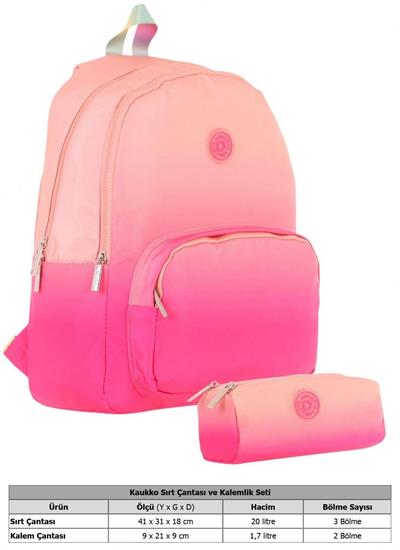 Kaukko Renk Geçişli Somon Pembe Kız Çocuk Okul Çantası ve Kalemlik Seti (KK - K1800+KK - K2711)