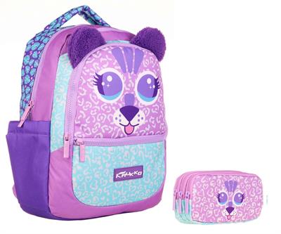 Kaukko Okul Çantası ve Üç Bölmeli Kalemlik Seti - Mor - Sevimli Aslan Şekilli