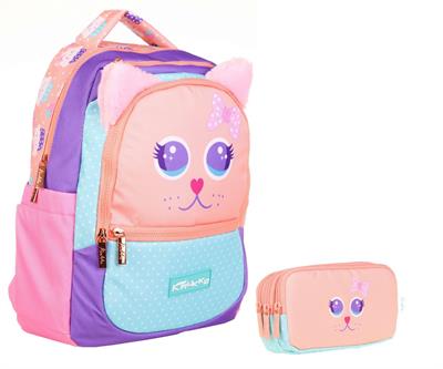 Kaukko Okul Çantası ve Üç Bölmeli Kalemlik Seti - Pembe Turkuaz - Sevimli Kedi Şekilli