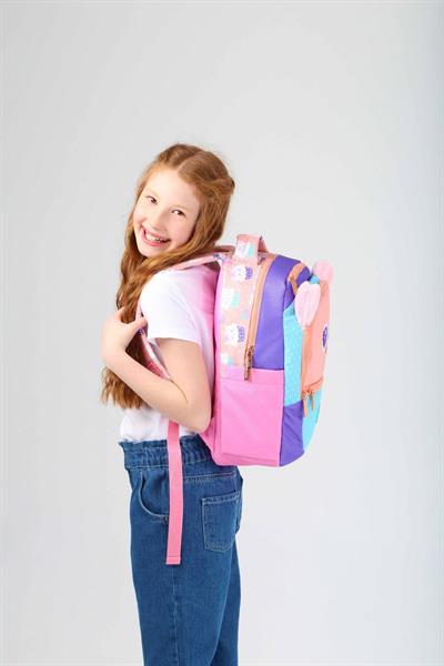 Kaukko Okul Çantası ve Üç Bölmeli Kalemlik Seti - Pembe Turkuaz - Sevimli Kedi Şekilli