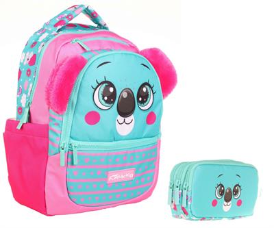 Kaukko Okul Çantası ve Üç Bölmeli Kalemlik Seti - Yeşil Kırmızı - Sevimli Koala Şekilli