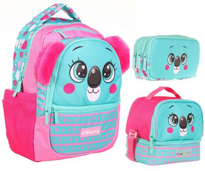 Kaukko Kids Kız Çocuk Üçlü İlkokul 1.2.3.4. Sınıf Okul Çanta Seti - Sevimli Koala Şekilli - Yeşil Kırmızı