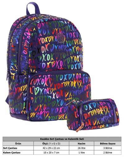 Kaukko Shine Kız Çocuk XOXO Desenli Lacivert İlkokul, Ortaokul Sırt Çantası ve Kalemlik Seti