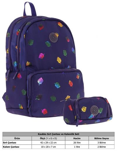 Kaukko Shine Kız Çocuk Yaprak Desenli Lacivert İlkokul, Ortaokul Sırt Çantası ve Kalemlik Seti