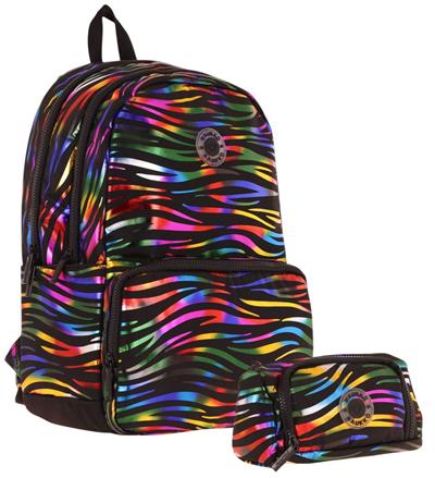 Kaukko Shine Kız Çocuk Zebra Desenli Siyah Çok Renkli İlkokul, Ortaokul Sırt Çantası ve Kalemlik Seti