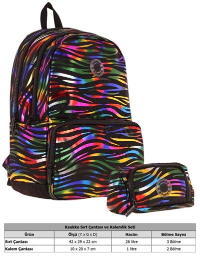 Kaukko Shine Kız Çocuk Zebra Desenli Siyah Çok Renkli İlkokul, Ortaokul Sırt Çantası ve Kalemlik Seti