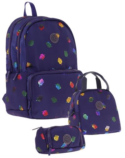 Kaukko Shine Lacivert Yaprak Desenli Kız Çocuk Üçlü Okul Çanta Seti