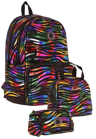 Kaukko Shine Siyah Çok Renkli Zebra Desenli Kız Çocuk Üçlü Okul Çanta Seti