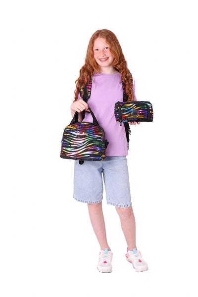 Kaukko Shine Siyah Çok Renkli Zebra Desenli Kız Çocuk Üçlü Okul Çanta Seti