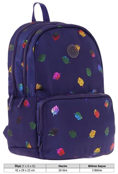 Kaukko Shine Üç Bölmeli Lacivert Yaprak Desenli Sırt Çantası - K1778