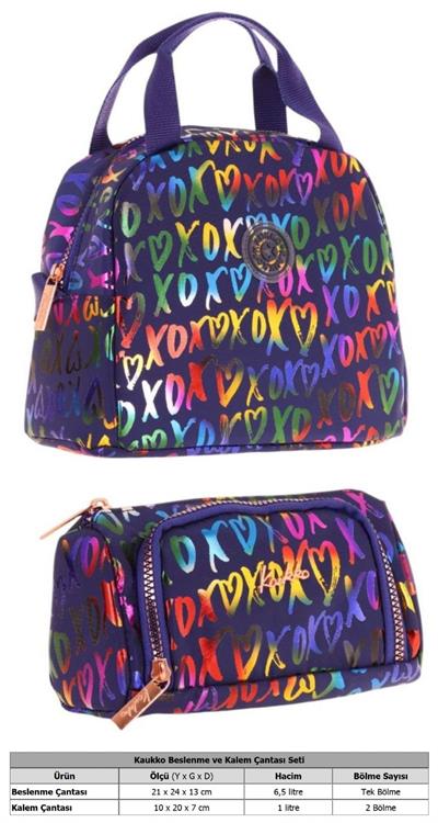 Kaukko Shine XOXO Desenli Lacivert Kız Çocuk Beslenme Çantası ve Kalem Çantası Seti