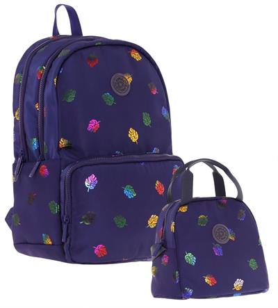 Kaukko Shine Yaprak Desenli Lacivert Kız Çocuk Okul Sırt Çantası ve Beslenme Çantası Seti