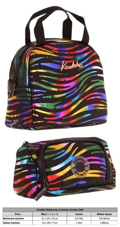 Kaukko Shine Zebra Desenli Siyah Çok Renkli Kız Çocuk Beslenme Çantası ve Kalem Çantası Seti