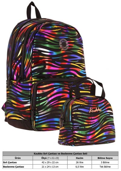 Kaukko Shine Zebra Desenli Siyah Çok Renkli Kız Çocuk Okul Sırt Çantası ve Beslenme Çantası Seti