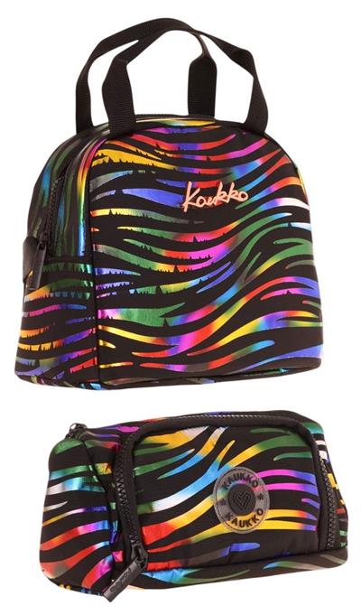 Kaukko Shine Zebra Desenli Siyah Çok Renkli Kız Çocuk Beslenme Çantası ve Kalem Çantası Seti