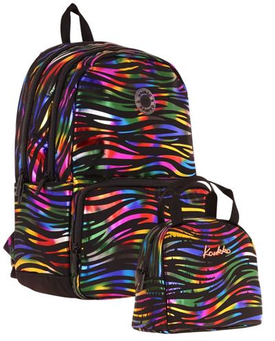 Kaukko Shine Zebra Desenli Siyah Çok Renkli Kız Çocuk Okul Sırt Çantası ve Beslenme Çantası Seti