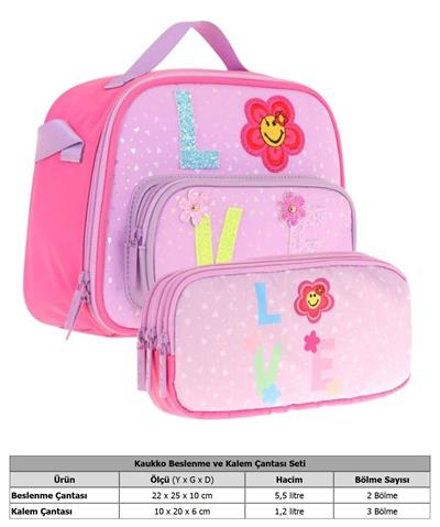 Kaukko Simli Love Baskılı Kız Çocuk Isı Yalıtımlı Beslenme Çantası ve Kalemlik Seti (L7211+L8211)