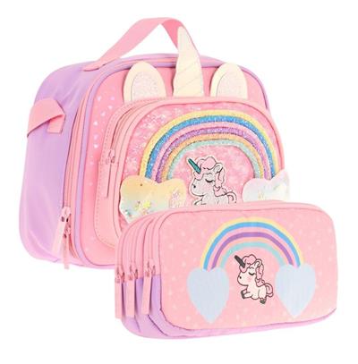 Kaukko Simli Unicorn Desenli Kız Çocuk Isı Yalıtımlı Beslenme Çantası ve Kalemlik Seti (L7212+L8212)
