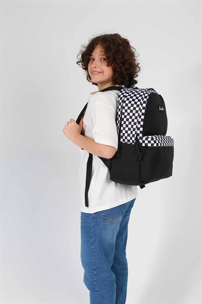 Kaukko Siyah Beyaz Dama Desenli Üç Gözlü Okul ve Günlük Sırt Çantası - K1629