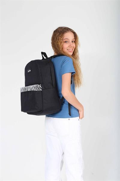 Kaukko Siyah Beyaz Zebra Desenli Üç Gözlü Okul ve Günlük Sırt Çantası - K1626