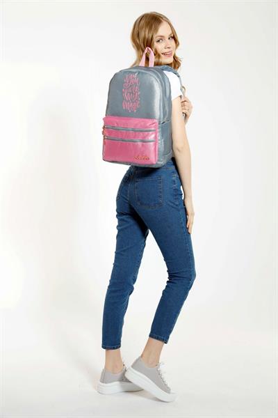 Kaukko Sparkle Duble Gri Okul Sırt Çantası - Simli Kumaş - Ortaokul Lise Günlük