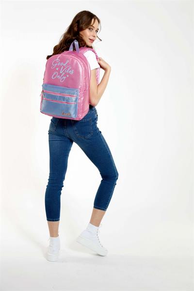 Kaukko Sparkle Duble Pembe Okul Sırt Çantası - Simli Kumaş - Ortaokul Lise Günlük