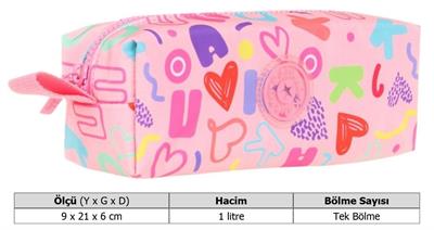Kaukko Tek Bölmeli Kalp ve Kaukko Baskılı Pembe Kız Çocuk Kalem Çantası - K2584