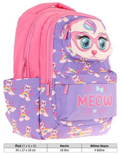 Kaukko Toys Kız Çocuk 3D Kedi Şekilli İlkokul ve Günlük Sırt Çantası - Mor Pembe - L5236