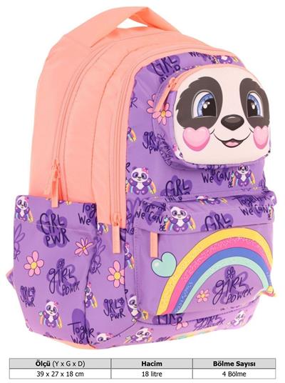 Kaukko Toys Kız Çocuk 3D Panda Şekilli İlkokul ve Günlük Sırt Çantası - Mor Somon - L5233