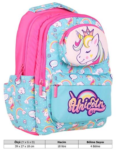 Kaukko Toys Kız Çocuk 3D Unicorn Şekilli İlkokul ve Günlük Sırt Çantası - Turkuaz Pembe - L5155