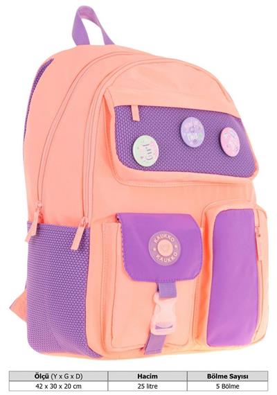 Kaukko Travel Beş Bölmeli Rozetli Kız Çocuk Okul ve Günlük Sırt Çantası - Somon Mor - K1825
