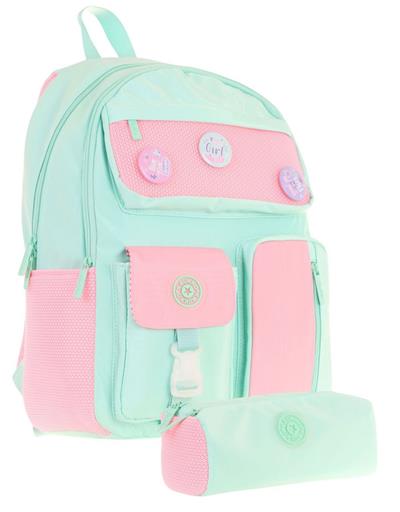 Kaukko Travel Kız Çocuk Rozetli Okul Çantası ve Kalemlik Seti - Turkuaz Pembe - Beş Bölmeli