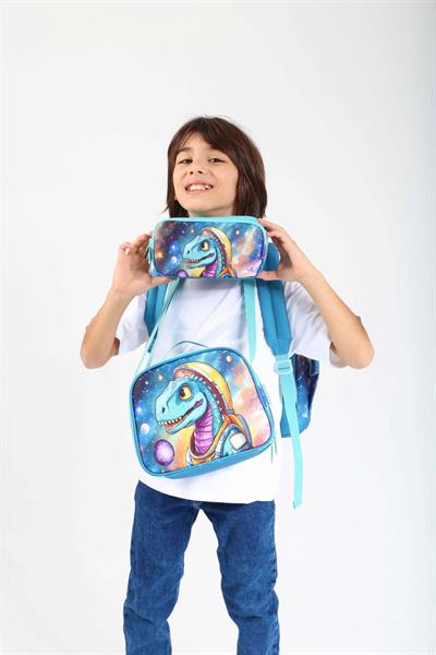 Kaukko Turkuaz Dinazor Üçlü İlkokul Okul Çanta Seti - Erkek Çocuk