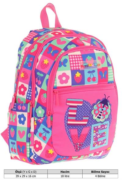 Kaukko Üç Bölmeli Kız Çocuk İlkokul Sırt Çantası (L5229) - Pembe Mavi - Love Desenli