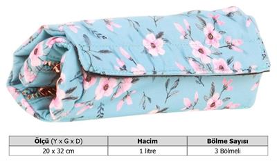 Kaukko Üç Bölmeli Rulo Tip Kalem Çantası Mavi Çiçek Baskılı - K2670