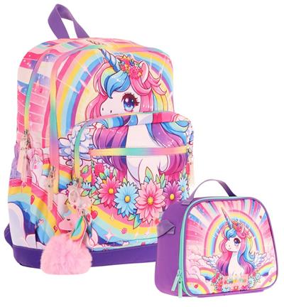 Kaukko Unicorn Baskılı Kız Çocuk Okul Çantası ve Thermo Beslenme Çantası Seti - Pembe Mor (L5249+L7249)