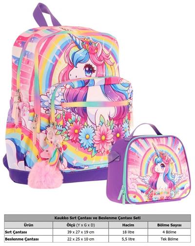 Kaukko Unicorn Baskılı Kız Çocuk Okul Çantası ve Thermo Beslenme Çantası Seti - Pembe Mor (L5249+L7249)