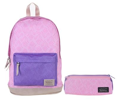 Kaukko Wichlight Mor-Pembe Çiçekli Okul ve Günlük Sırt Çanta Seti - Kız