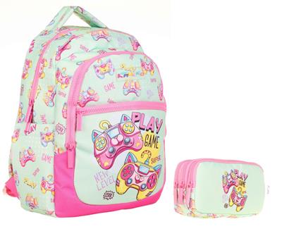 Kaukko Yeşil Pembe Oyun Konsolu Okul Sırt Çantası ve Kalemlik Seti - Kız Çocuk