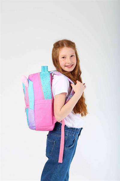 Kaukko Okul Çantası ve Üç Bölmeli Kalemlik Seti - Pembe Yeşil - Sevimli Kedi Şekilli