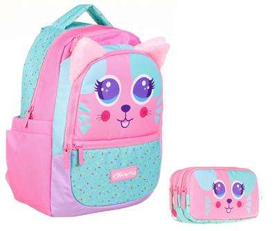 Kaukko Okul Çantası ve Üç Bölmeli Kalemlik Seti - Pembe Yeşil - Sevimli Kedi Şekilli