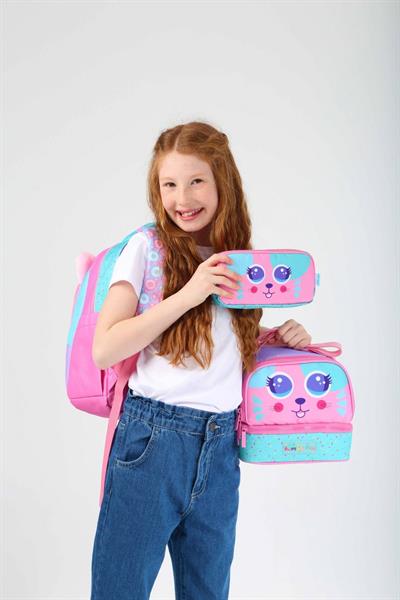 Kaukko Kids Kız Çocuk Üçlü İlkokul 1.2.3.4. Sınıf Okul Çanta Seti - Sevimli Kedi Şekilli - Pembe Yeşil