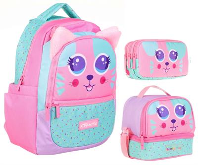 Kaukko Kids Kız Çocuk Üçlü İlkokul 1.2.3.4. Sınıf Okul Çanta Seti - Sevimli Kedi Şekilli - Pembe Yeşil