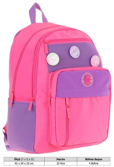 Kauko Holiday Kız Çocuk Altı Bölmeli Rozetli Okul Sırt Çantası - Pembe - K1830