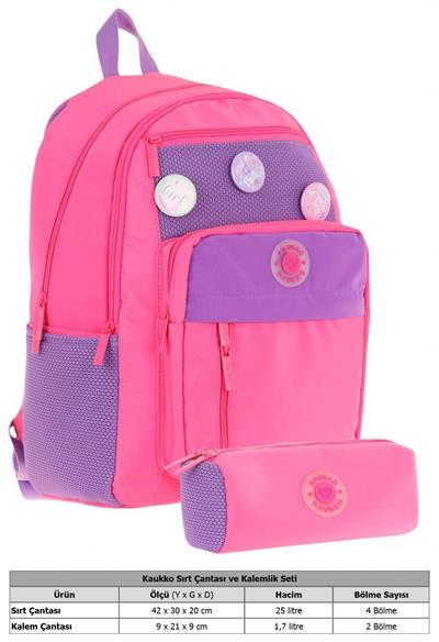 Kauko Holiday Kız Çocuk Rozetli Okul Çantası ve Kalemlik Seti - Pembe - Altı Bölmeli