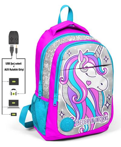 Pembe Unicorn İlk ve Ortaokul Sırt Çantası - USB ve AUX Çıkışlı