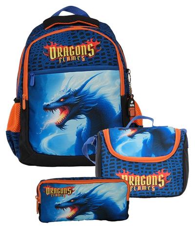 Pippa Erkek Çocuk ÜÇ Gözlü Lacivert Turuncu İlkokul Üçlü Okul Çanta Seti - Dragon/Ejderha - PPSET5280