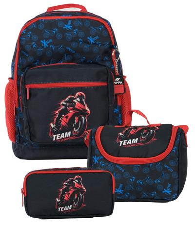 Pippa Erkek Çocuk Üç Gözlü Siyah/Kırmızı İlkokul Üçlü Okul Çanta Seti - Motosiklet - PPSET5300